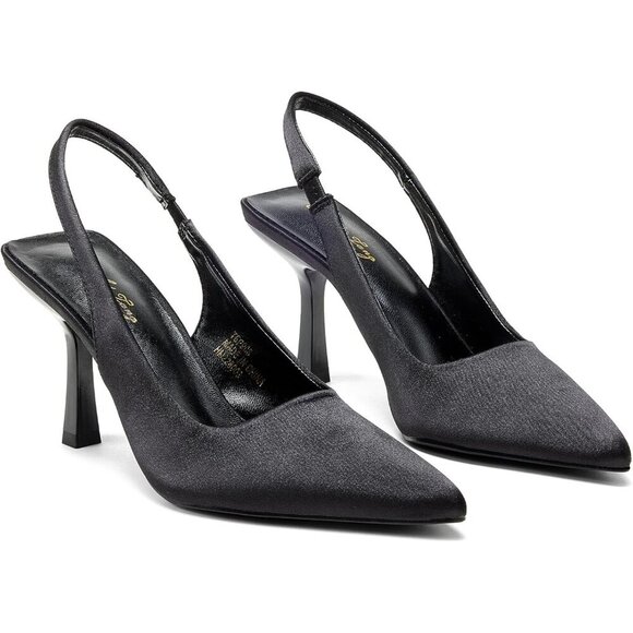 Women Black Satin Pointed Closed Toe mid Slingback Mid High Heels Stiletto Pumps - Picture 4 of 9